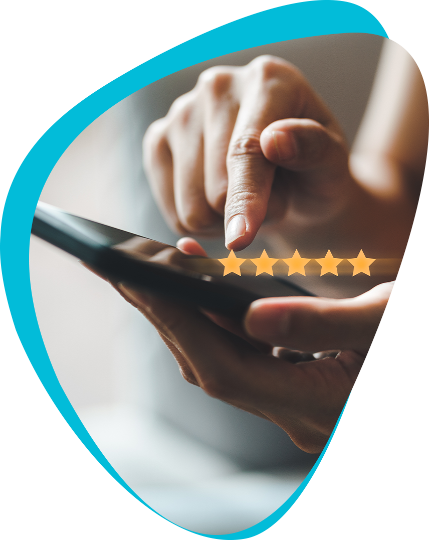 Two hands holding and using a smartphone. Five stars are overlaid on the image, giving the impression that the user is leaving a five-star review.