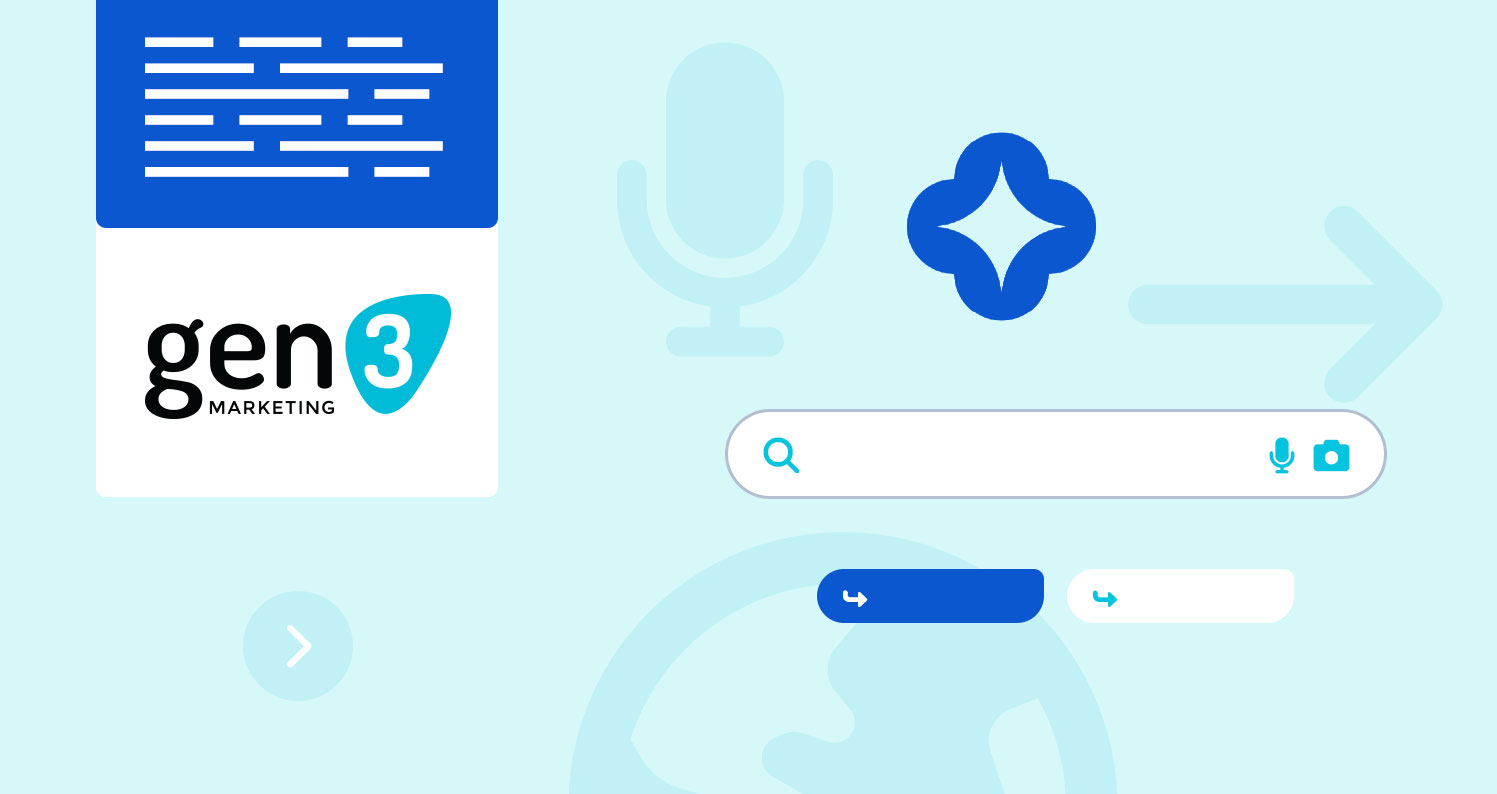 Image with a blue background featuring Gen3's logo, a search field, a microphone icon and the Google SGE's logo.