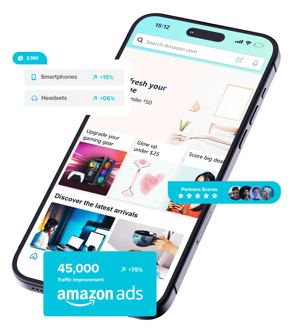 Smartphone with the Amazon app open. Callouts for reviews, Amazon ads, and performance metrics.