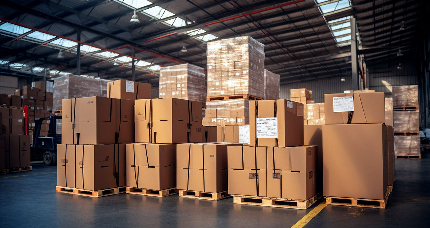 Boxes on pallets in a warehouse.