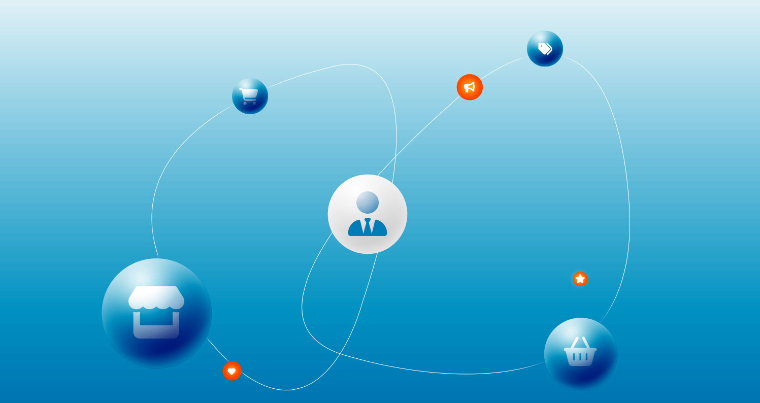 Blue and orange marketing icons floating around an icon of a business person.