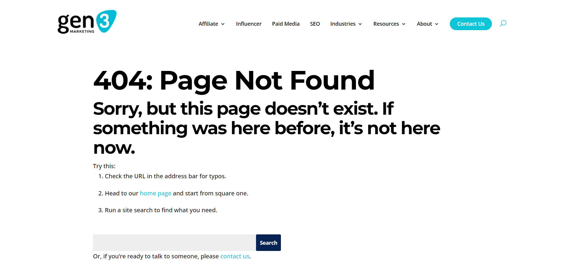 Example 404 page from Gen3 Marketing's website.