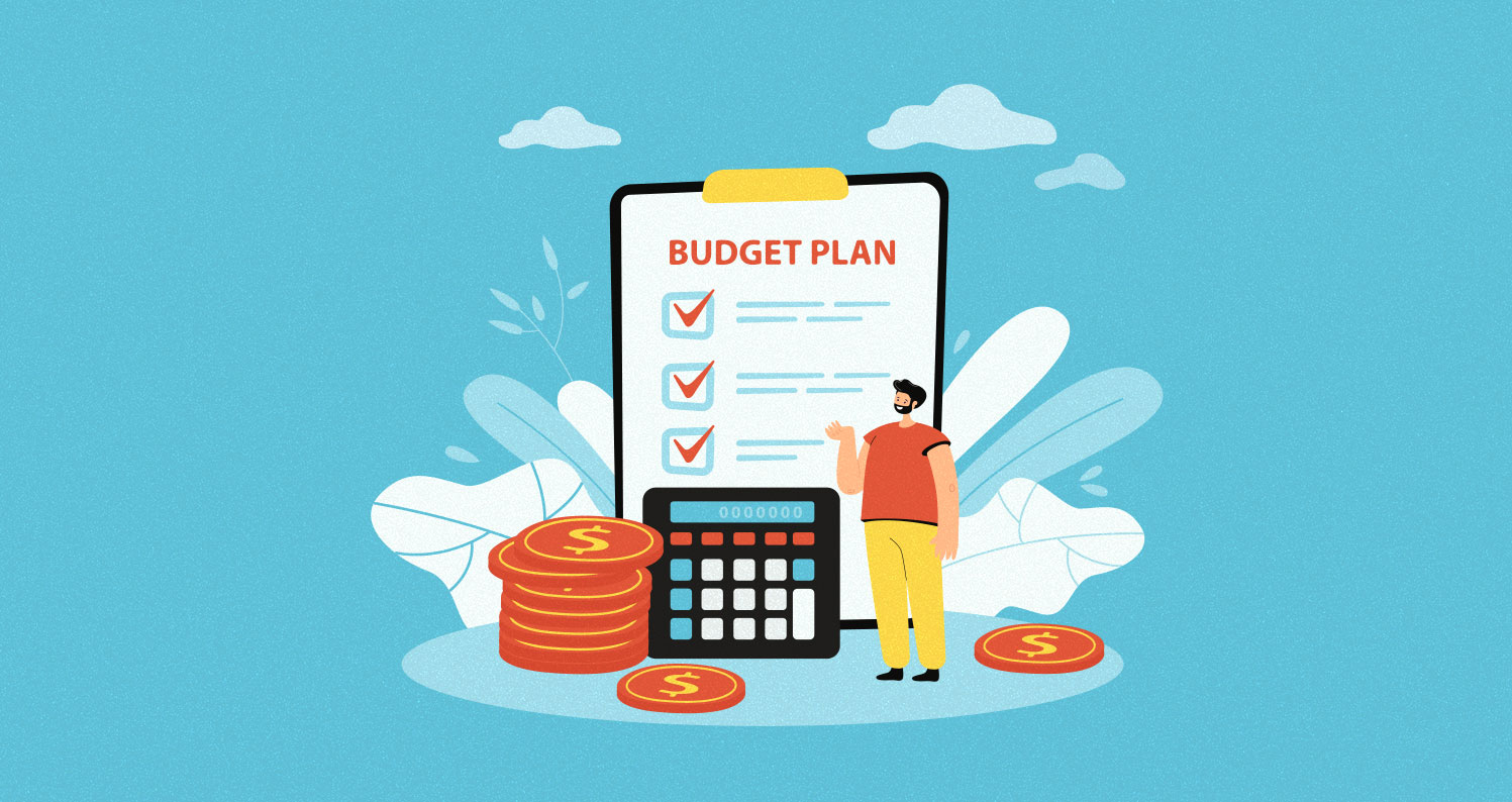 Cartoon image of a man standing in front of an oversized budget plan, some giant coins, and a calculator.