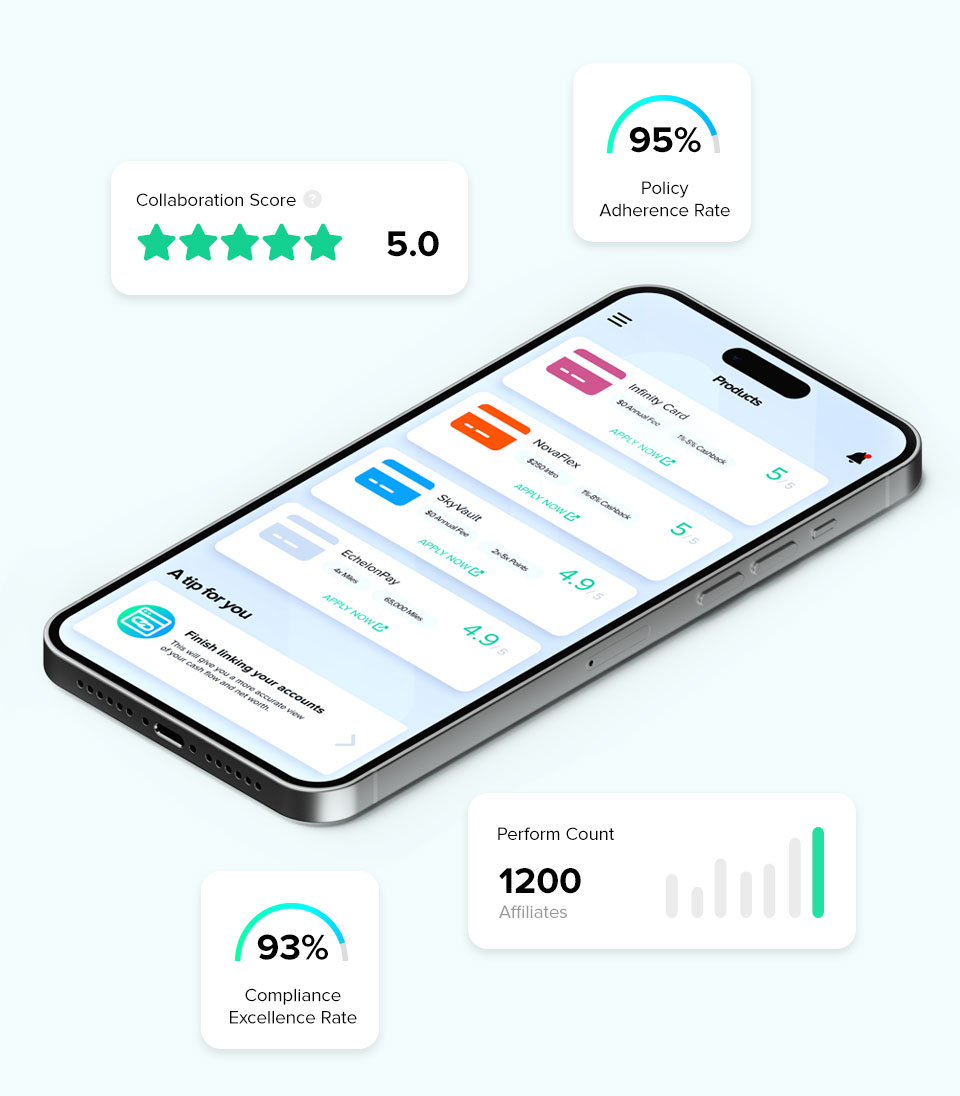 Image of smartphone with a financial app and various floating metrics.