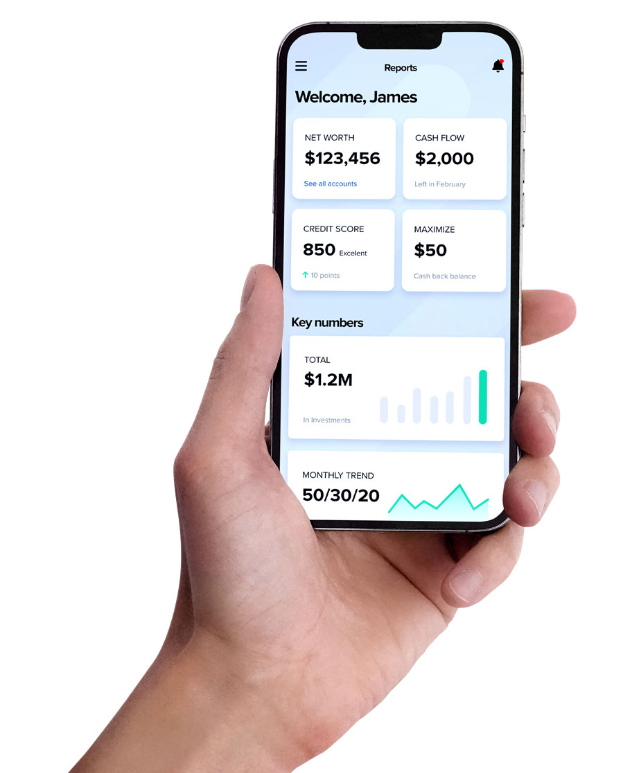 Hand holding smartphone with financial services analytics data.