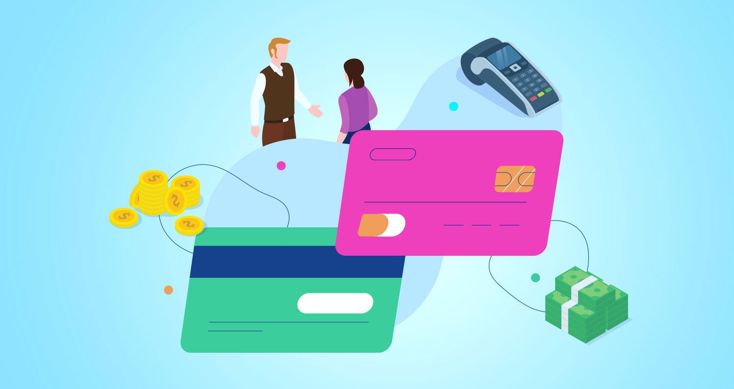 Vector image of cartoon man speaking to woman behind credit cards and other finance-related iconography.