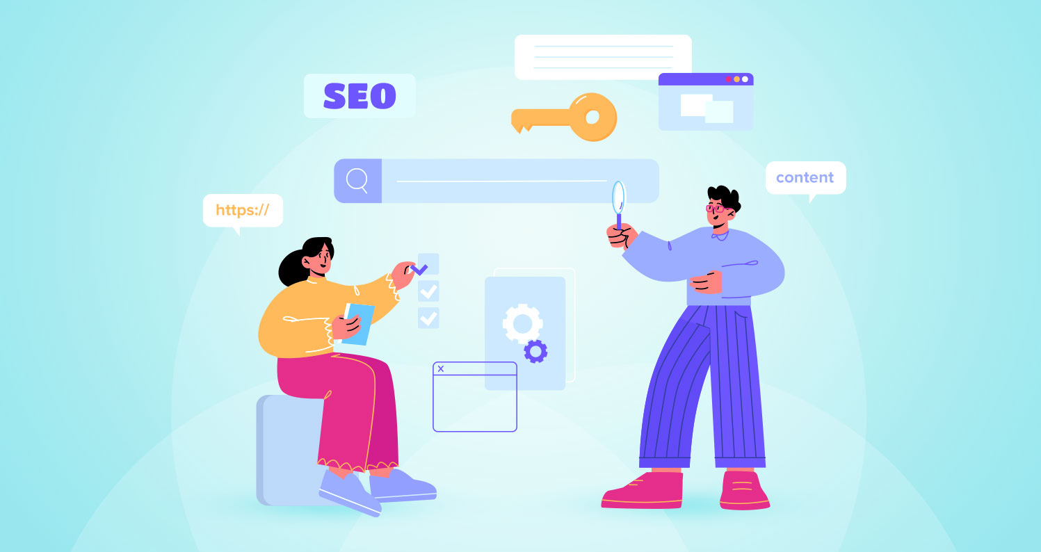 Vector image of a man and woman surrounded by SEO icongraphy.