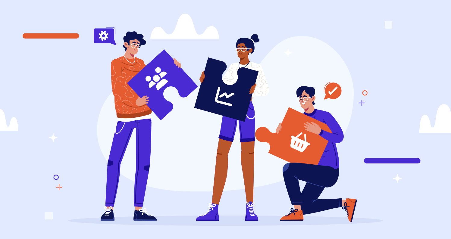 An illustration of a group of people teaming up, holding pieces of a puzzle on a blue-purple background.