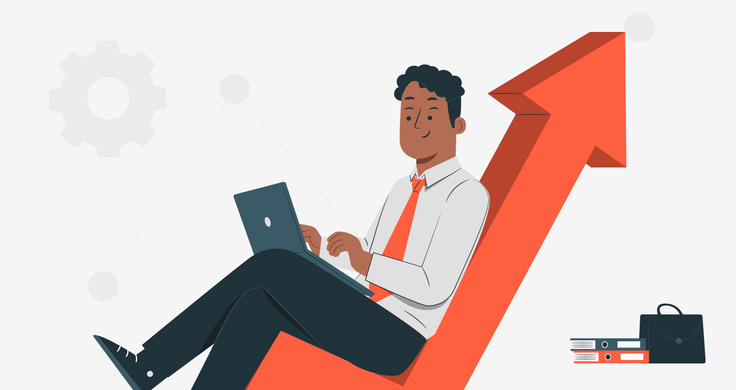 Illustration of a person typing on their laptop on top of an increasing graphic.