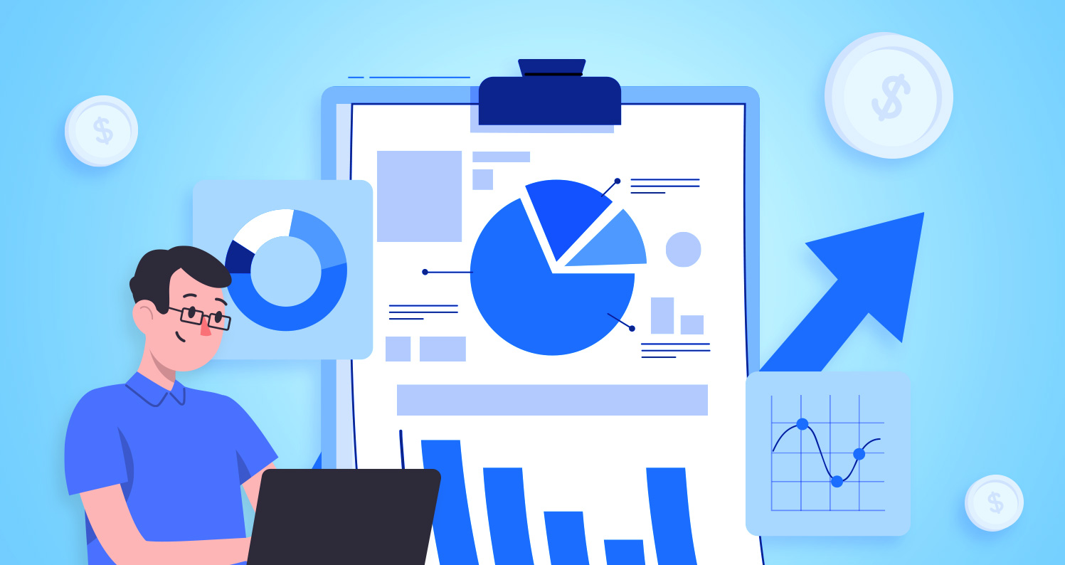 Cartoon man typing on a laptop in front of marketing charts and graphs.