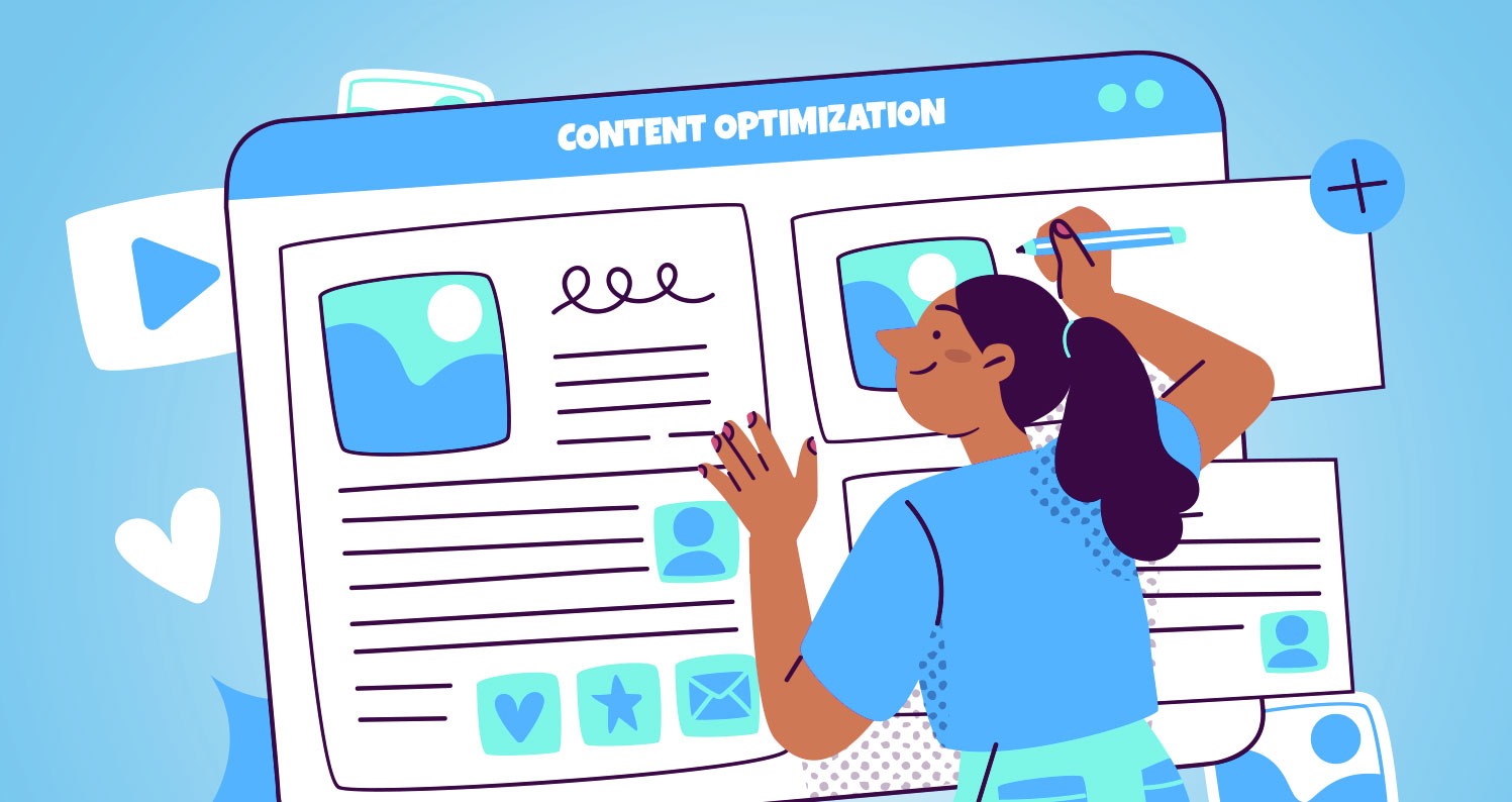 Illustration of a woman working on optimizing website content.