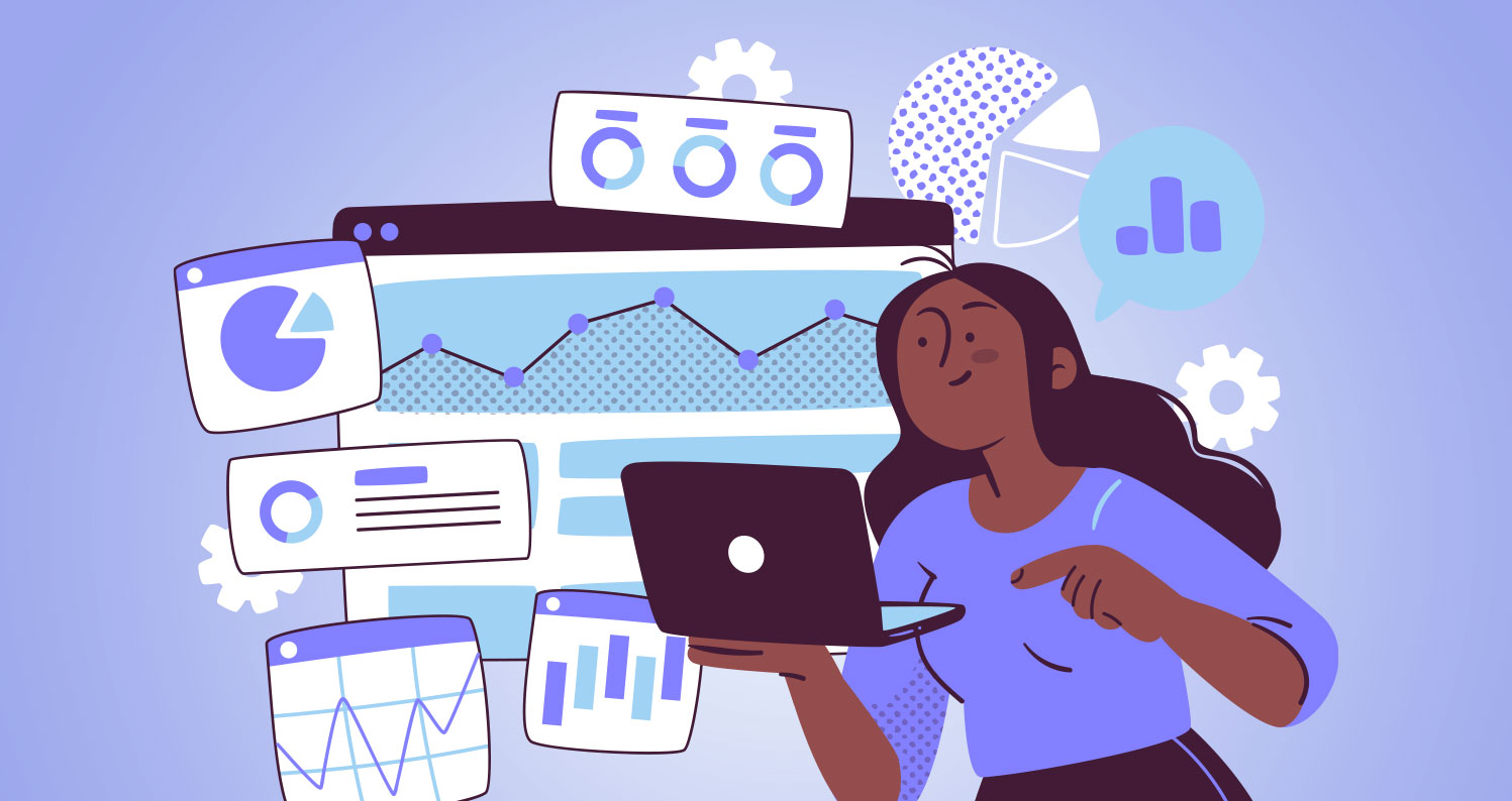 Illustration of a woman holding a laptop, looking at charts and graphs.