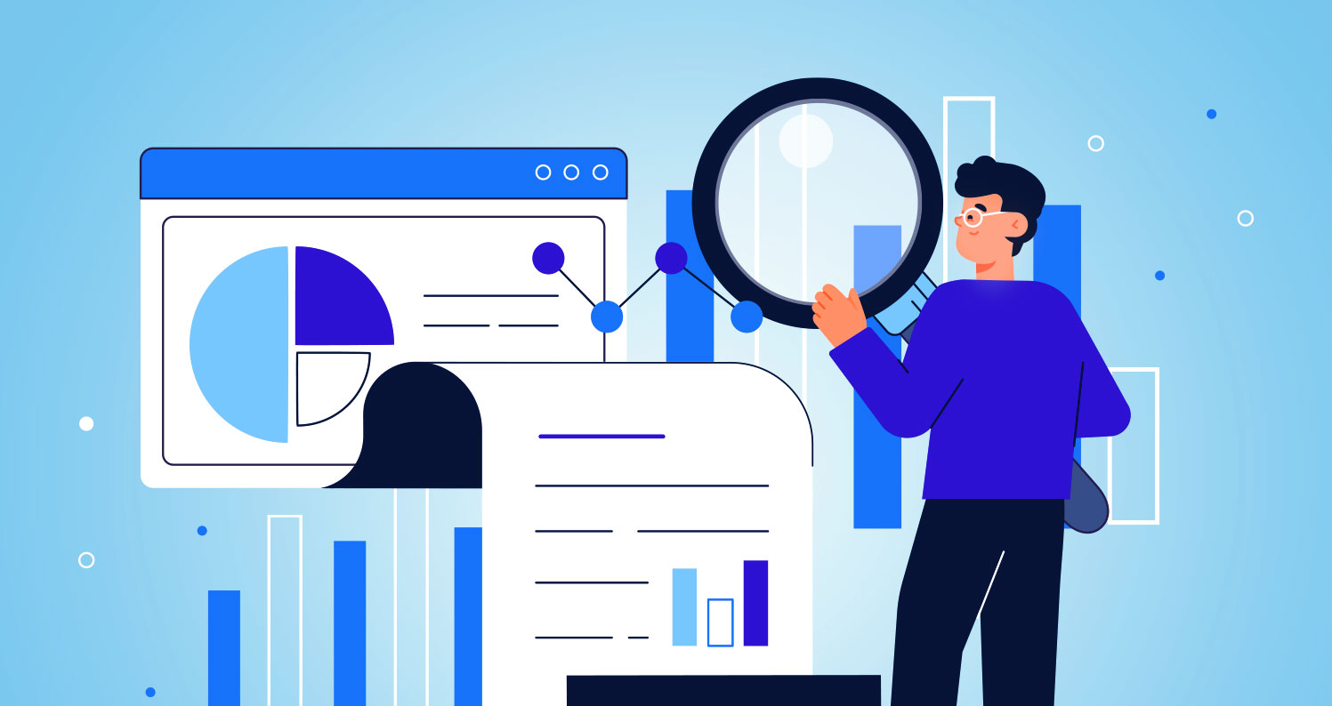 Cartoon of a man with a magnifying glass analysing data.