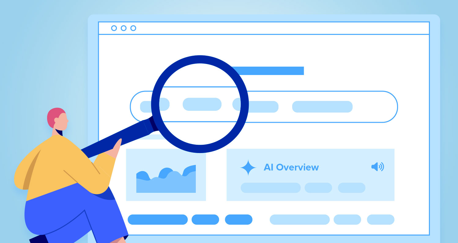 Illustration of a person using a magnifying glass to explore a search engine results page (SERP) with an AI overview.