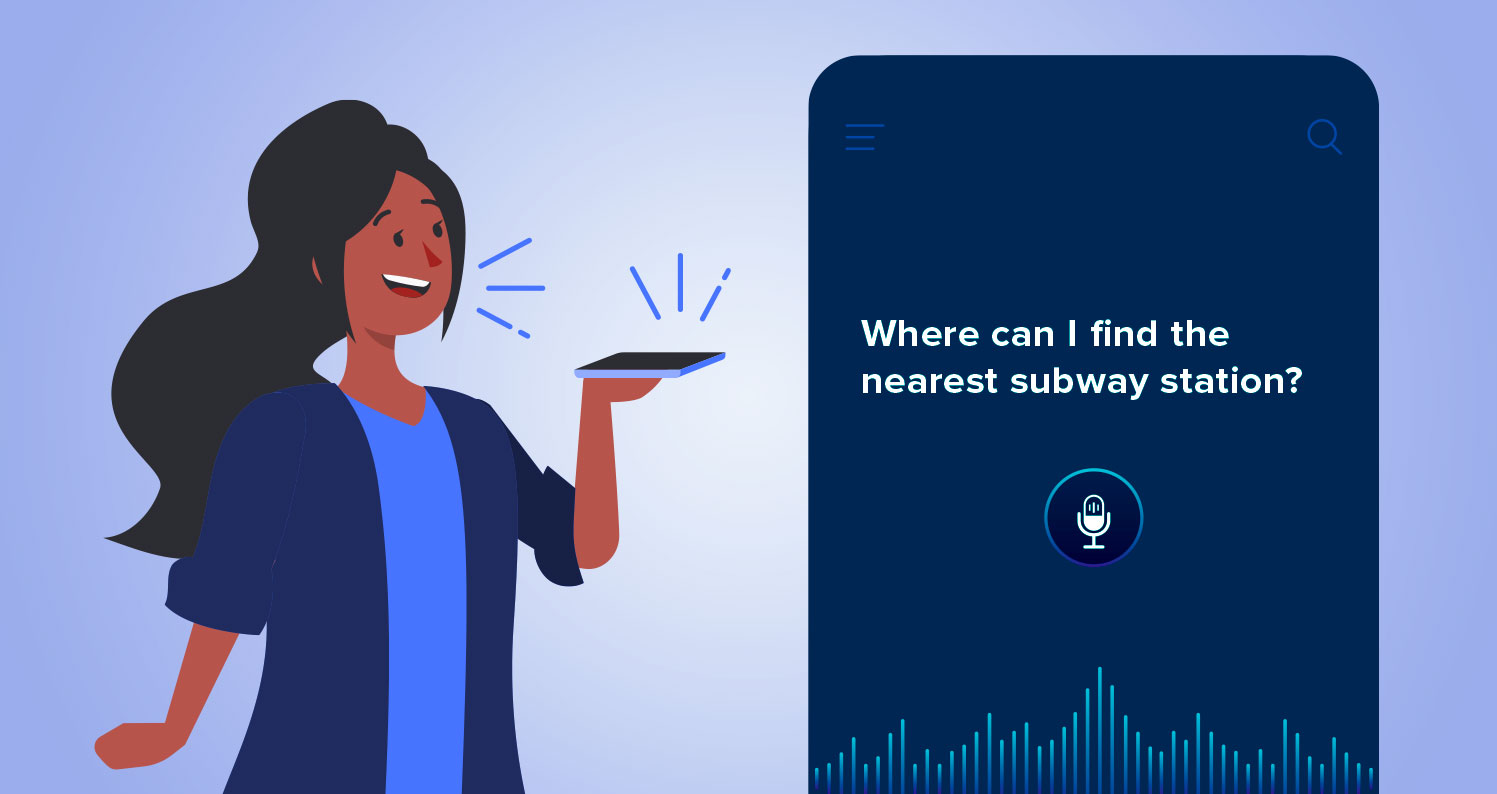 Illustration of a woman using voice search on her smartphone. AI search is listening to her question.