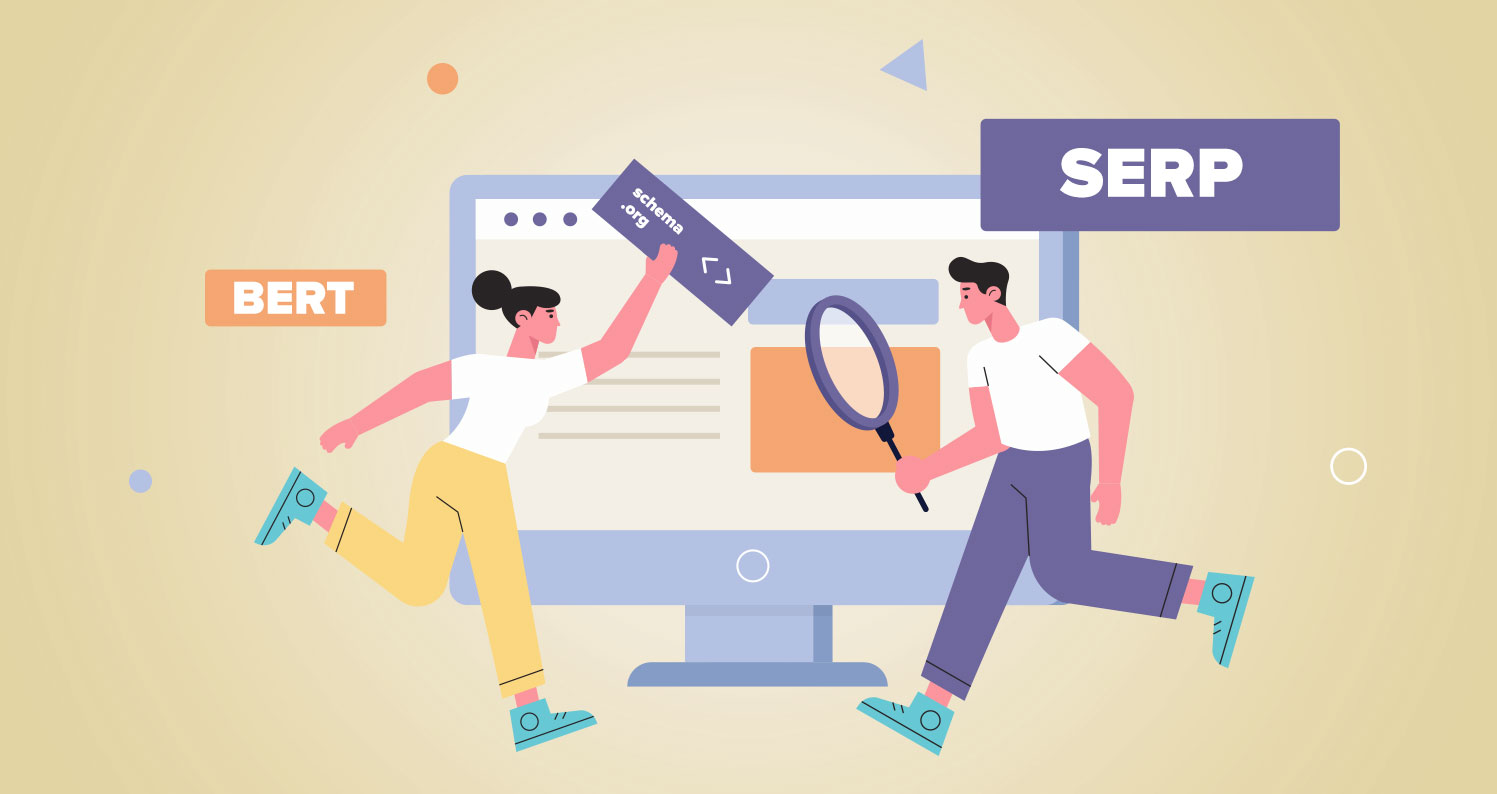 Illustration of two people optimizing a search engine results page (SERP).