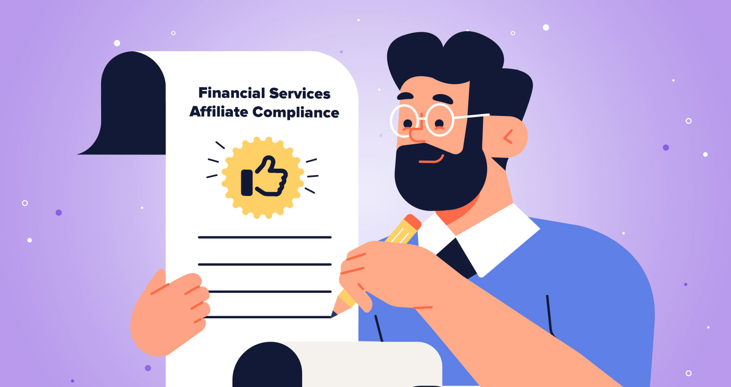 Illustration of a business professional writing up a financial services affiliate compliance checklist.