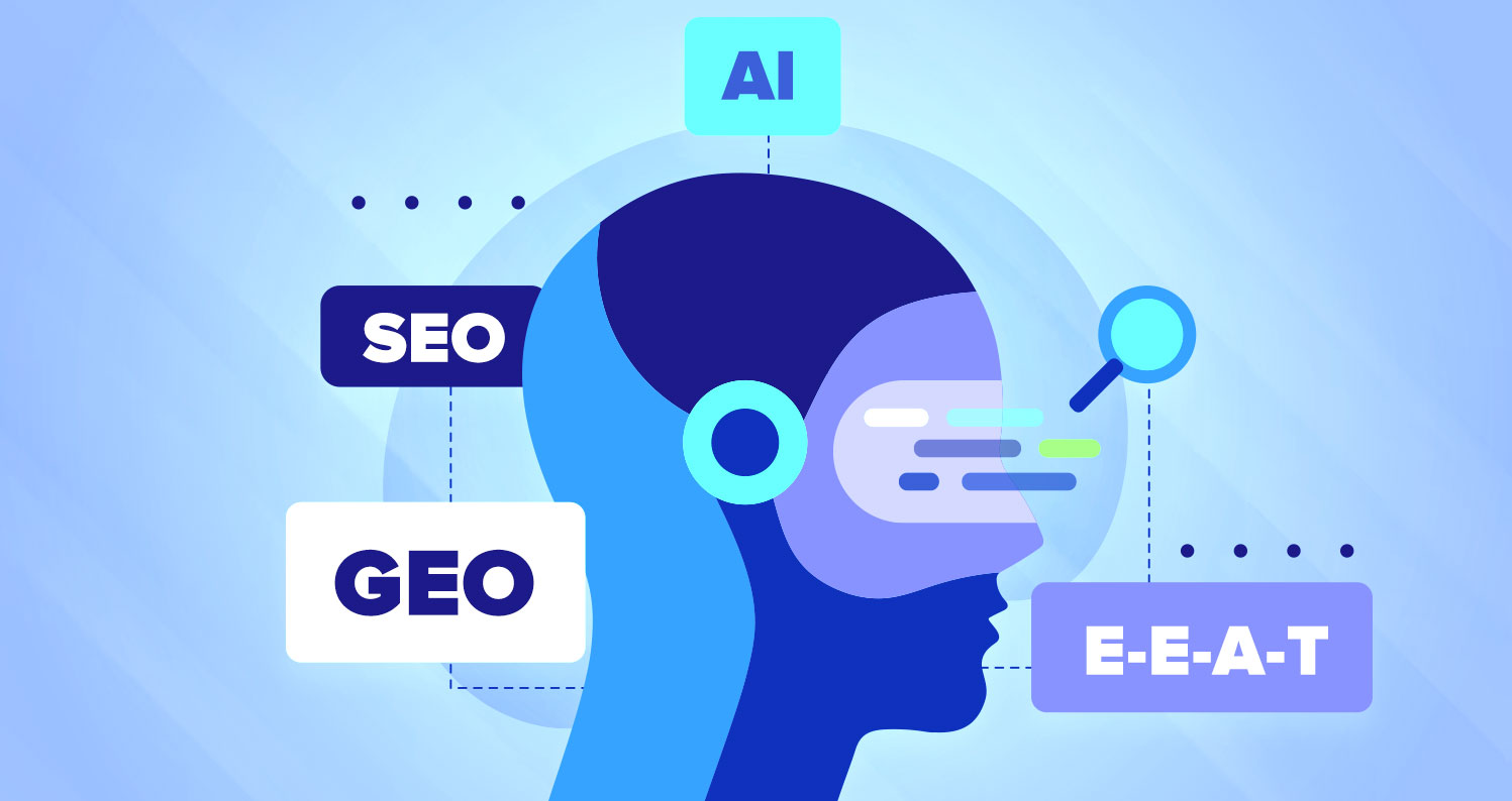 Illustration of a digital human head callout out modern SEO trends, including GEO, AI, and E-E-A-T.