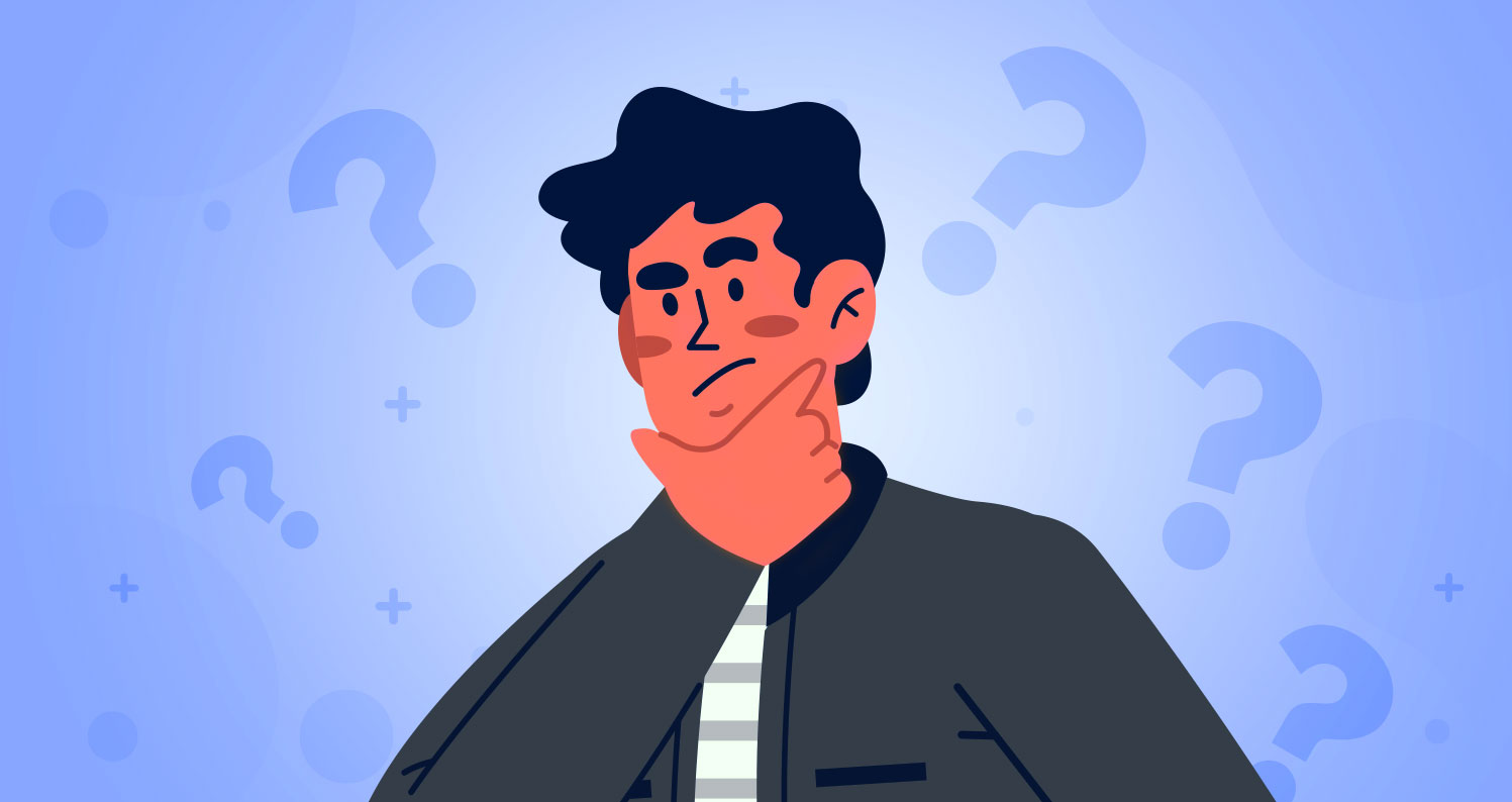 Illustration of a thoughtful man with a hand on his chin, surrounded by floating question marks.