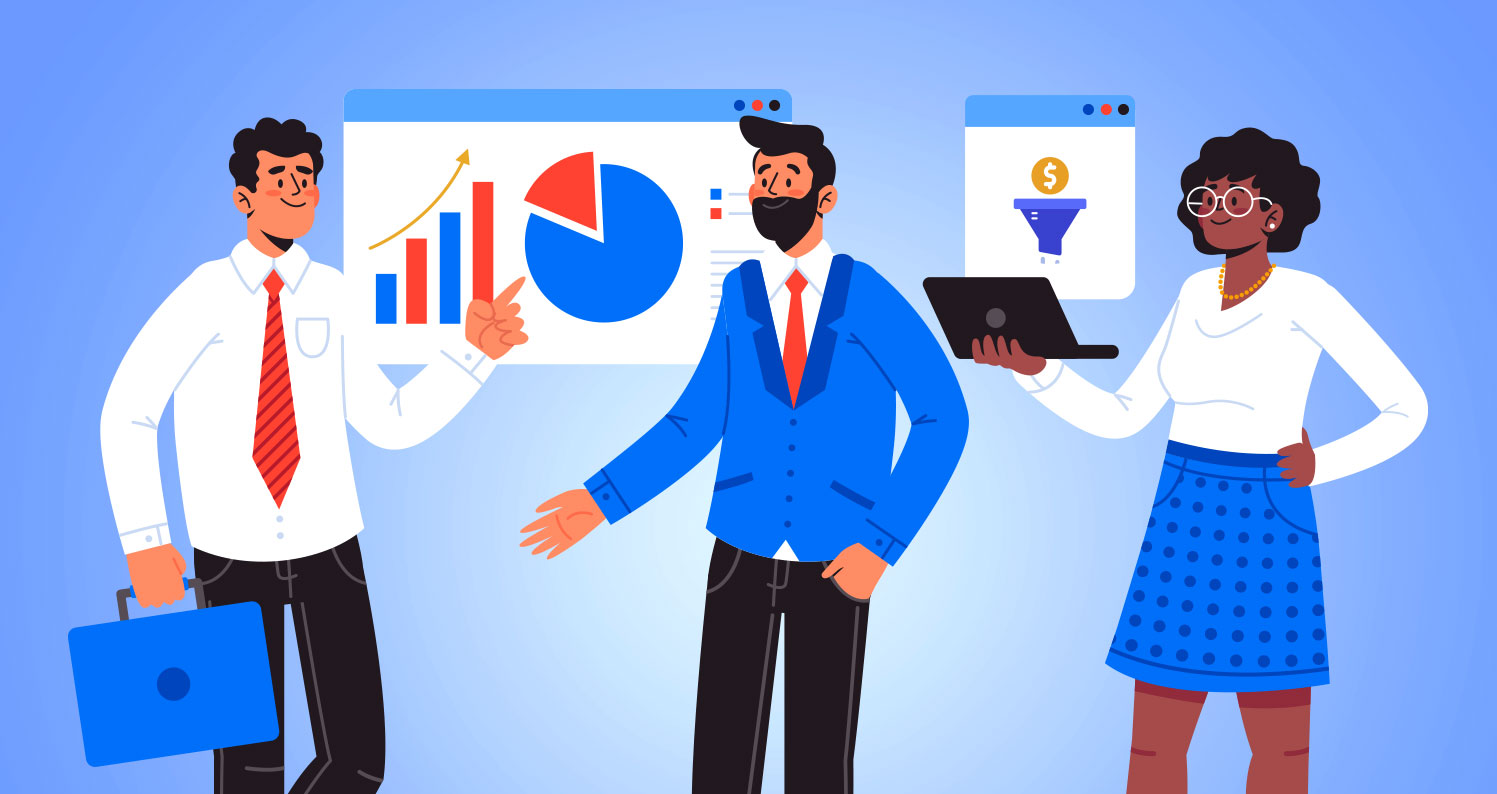 Three business professionals analyzing growth charts and a revenue funnel on digital dashboards.