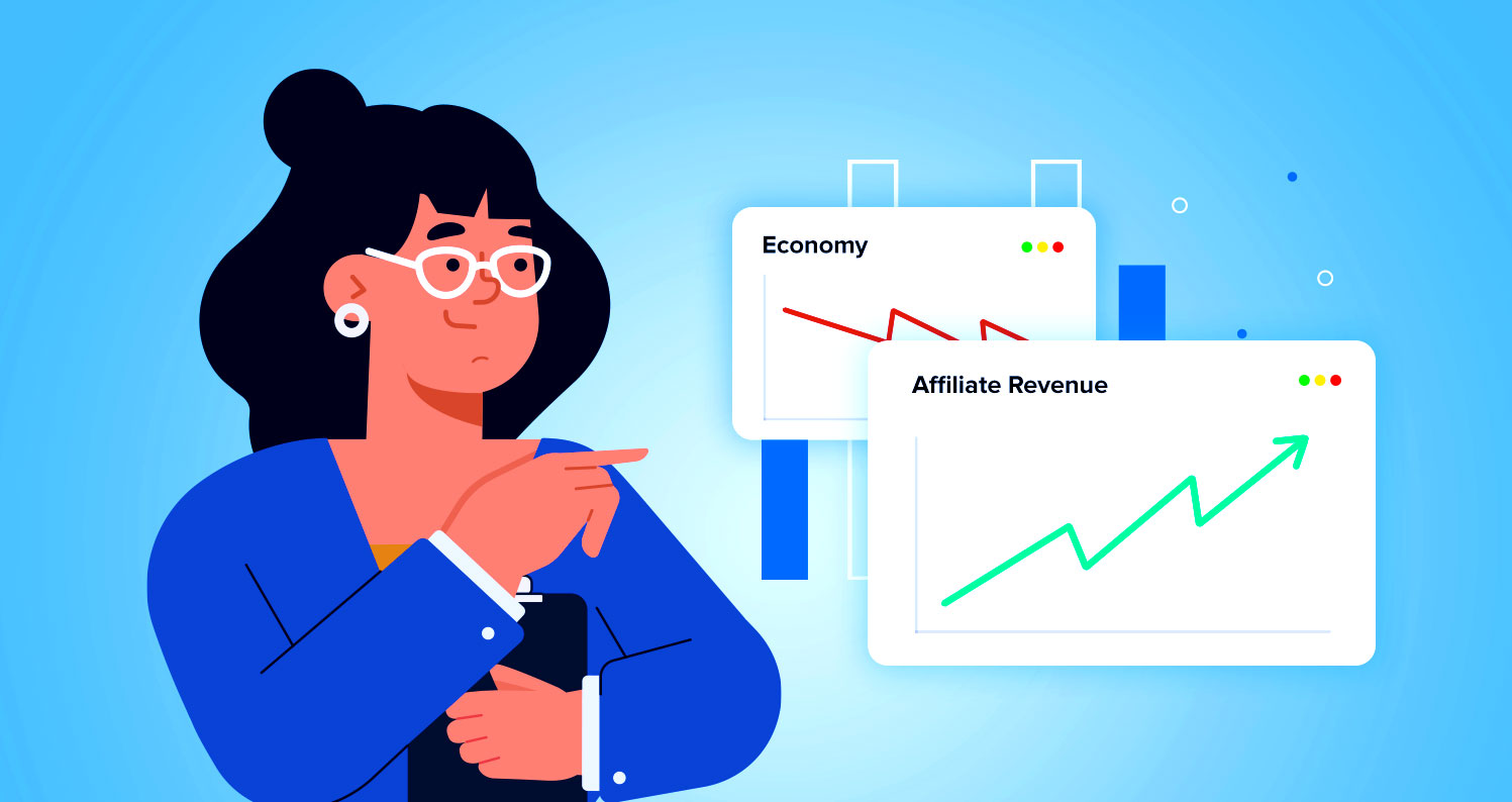 Illustration of a woman pointing at two charts, one showing a declining economy and the other showing rising affiliate revenue.