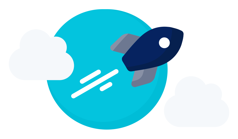 Illustration of a rocket flying through clouds, symbolizing speed, growth, and innovation.