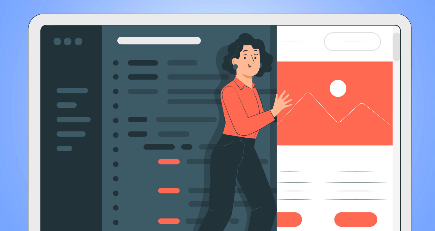 Illustration of a person updating a website layout, symbolizing SEO optimization and content improvements.