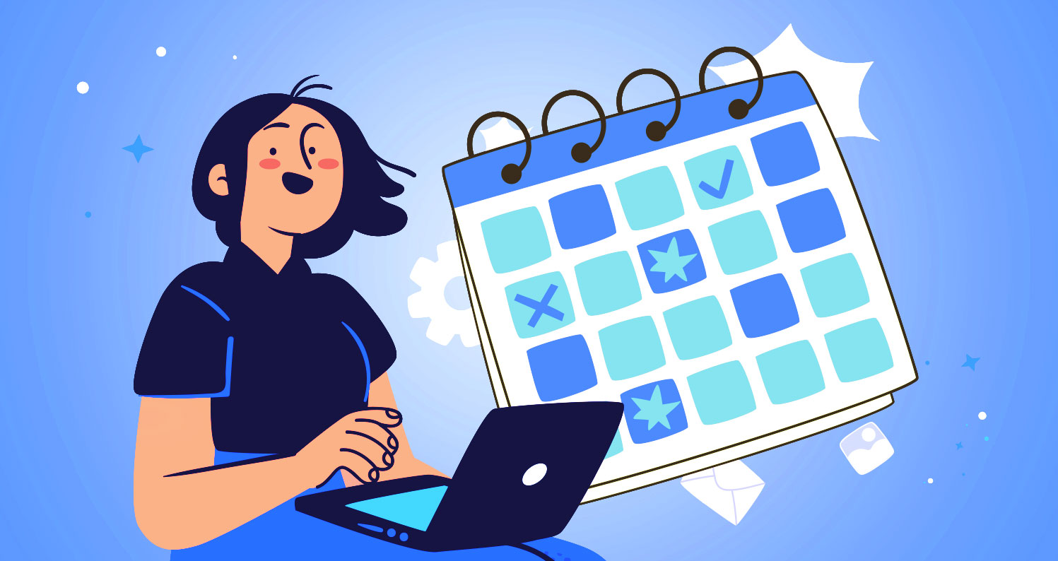 Illustration of a woman with a laptop looking at a large calendar with marked dates.