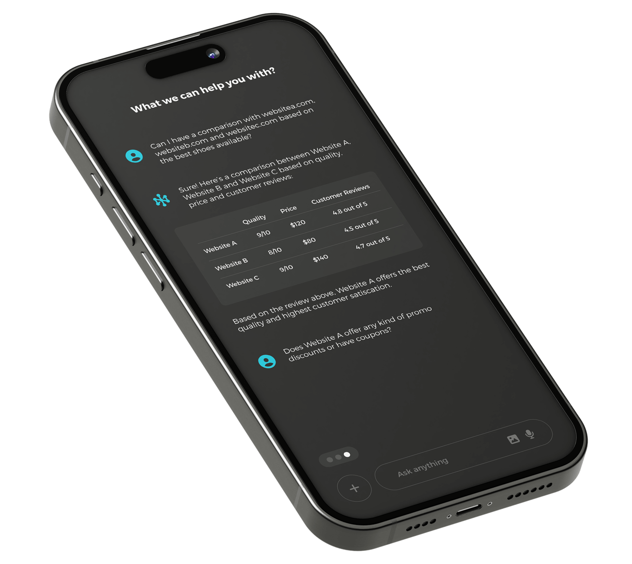 Smartphone mockup showing an AI chatbot interface comparing best running shoes by quality, price, and customer reviews.