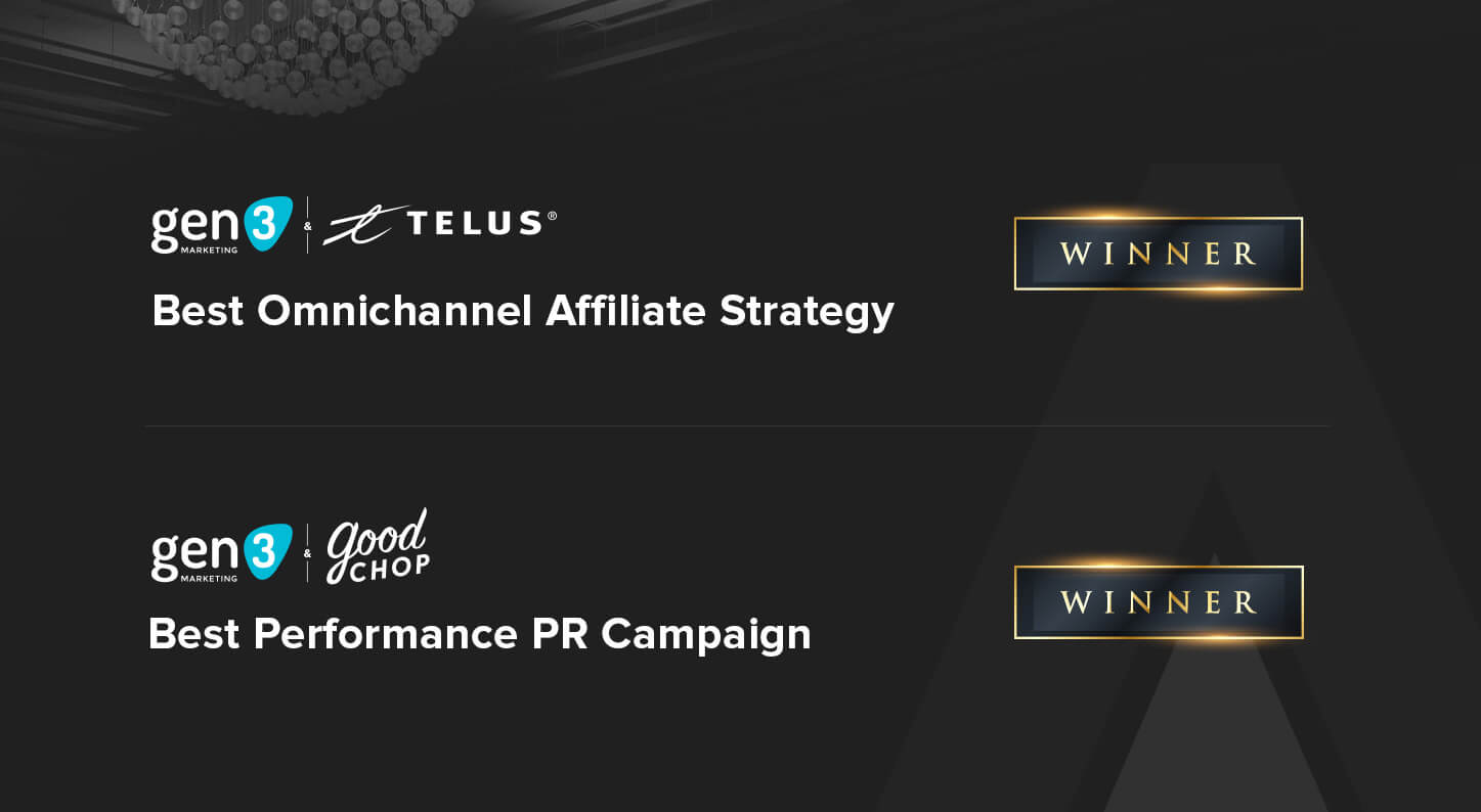 A graphic announcing Gold wins for Best Omnichannel Affiliate Strategy and Best Performance PR Campaign at the 2026 Partnership Awards.