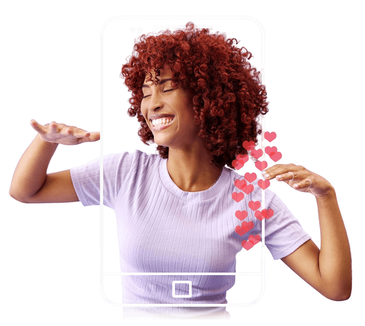 Smiling influencer posing inside a smartphone frame with floating heart icons, representing social media engagement.