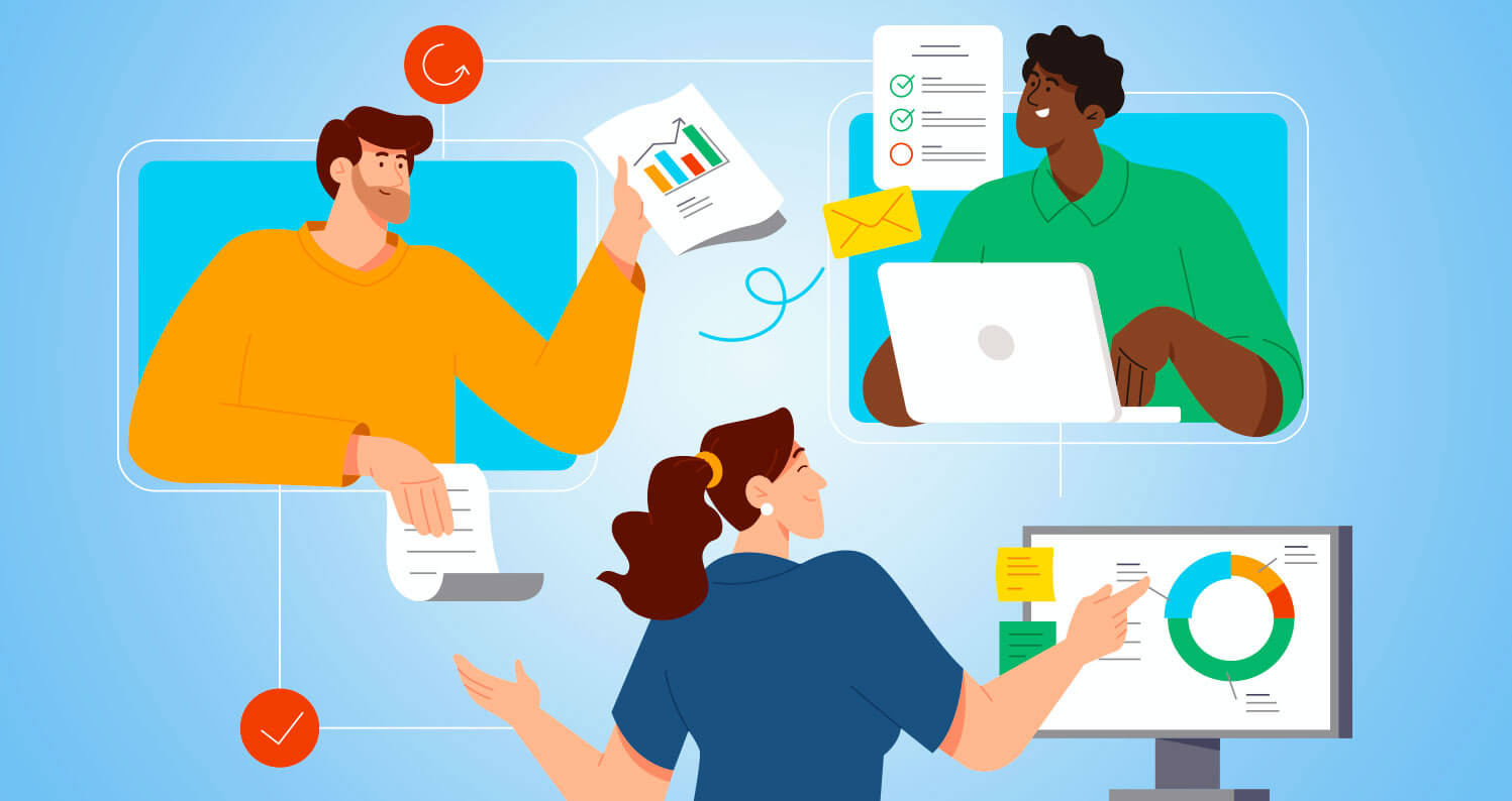 A flat vector illustration of three professionals collaborating across digital screens, sharing business reports and analyzing a data dashboard.