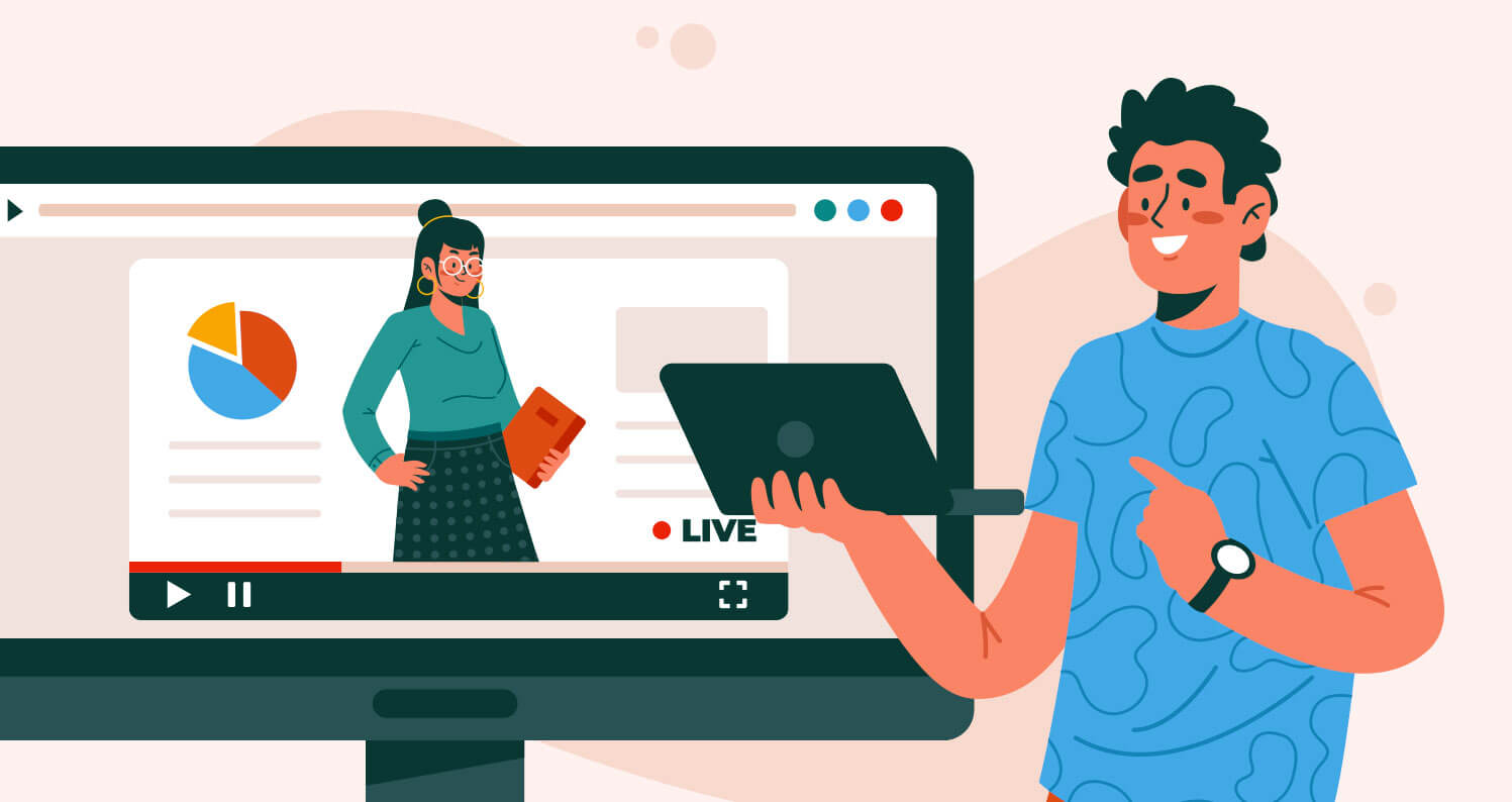 A flat vector illustration of a man pointing toward a computer monitor showing a live video tutorial with a presenter and a data chart.