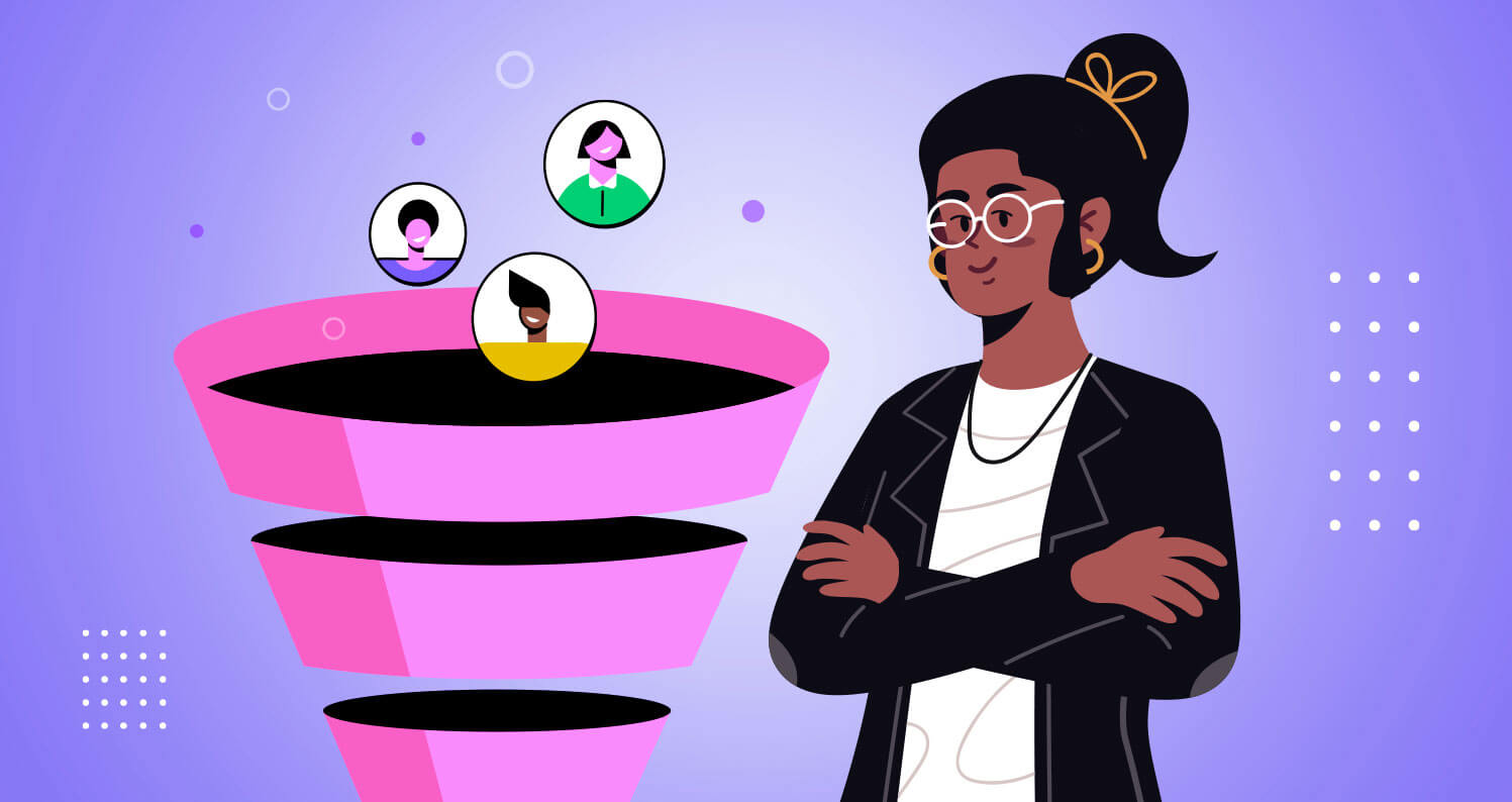 A flat vector illustration of a professional woman standing next to a pink marketing funnel as several diverse profile icons are filtered through it.