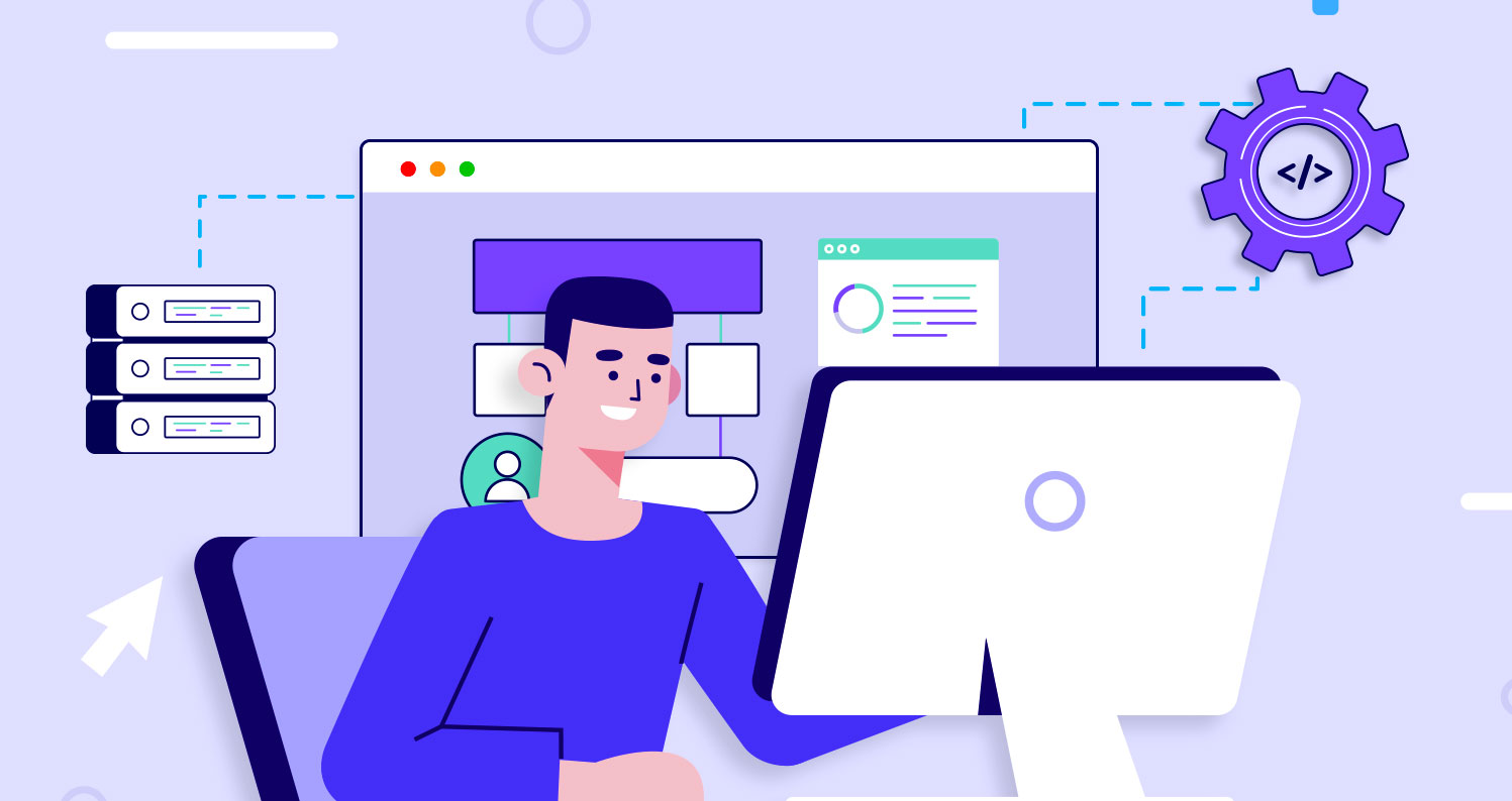 A smiling digital marketer working on a computer, with an affiliate marketing software interface and analytics dashboard displayed in the background.