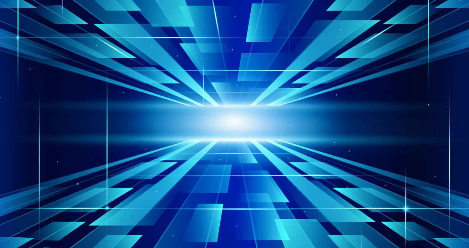 Abstract blue digital horizon with glowing perspective lines representing strategic growth and innovation.