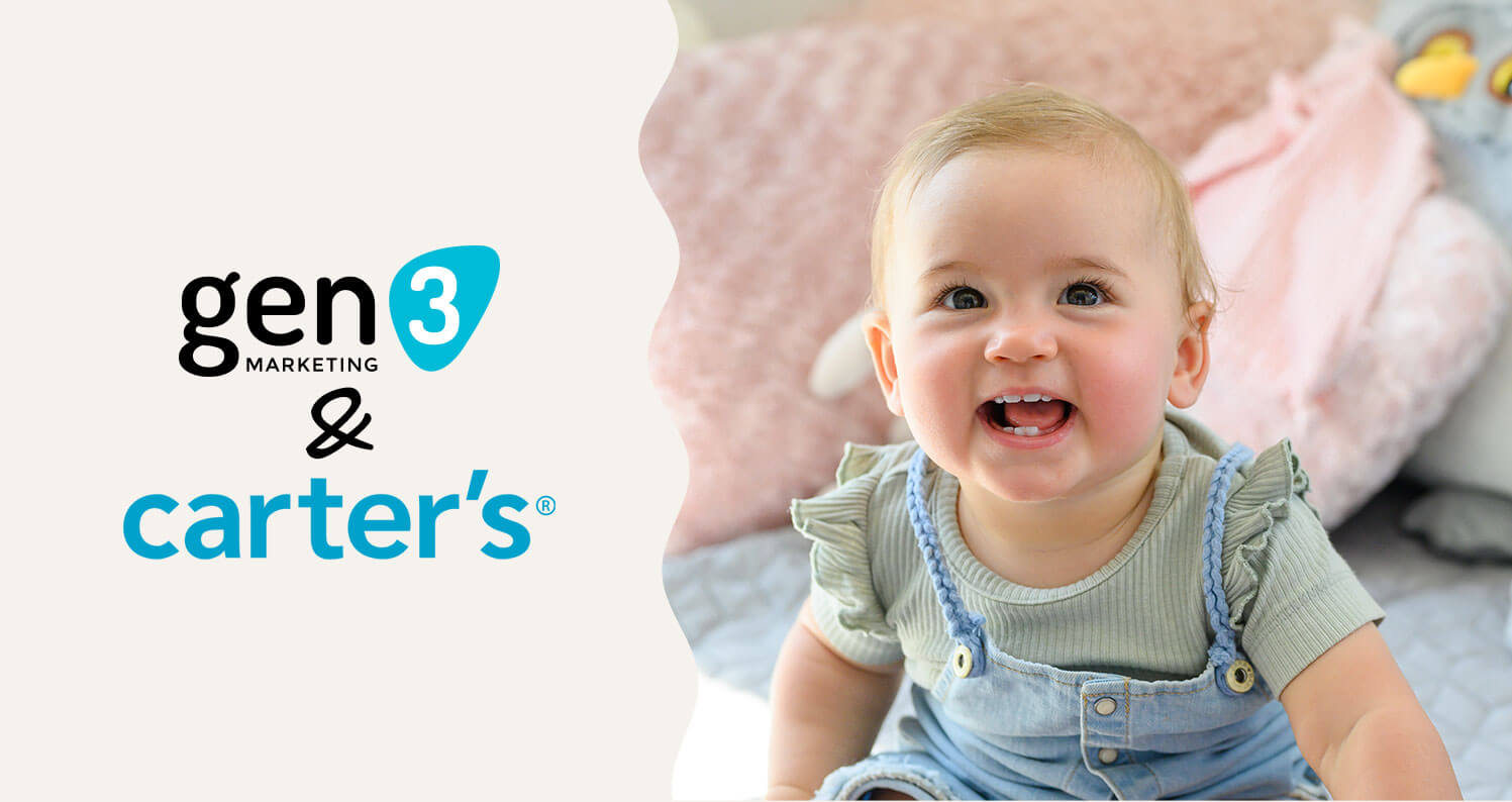 A co-branded announcement image featuring Gen3 Marketing and Carter’s logos alongside a photo of a happy baby.