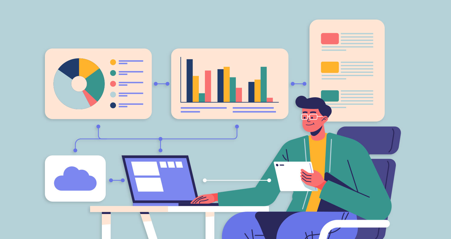 A digital strategist using a connected marketing operating system to integrate cloud data, performance charts, and strategic reporting.