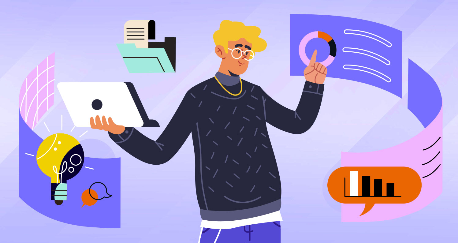 Illustration of a digital marketer analyzing data charts, graphs, and performance metrics on a laptop.