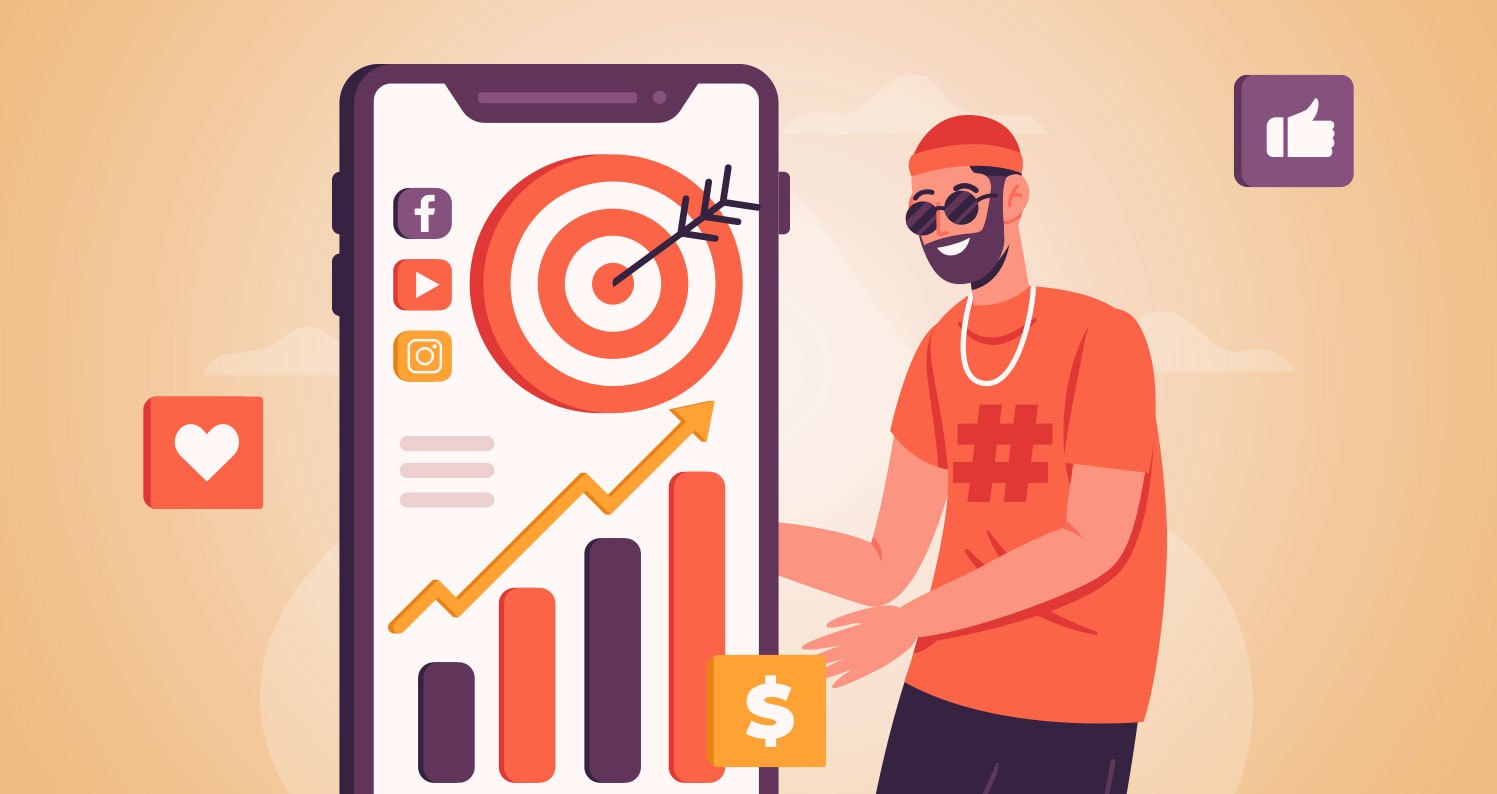 Flat illustration of a male content creator standing next to a large smartphone showing a rising growth chart, social media icons, and a bullseye with an arrow in the center.
