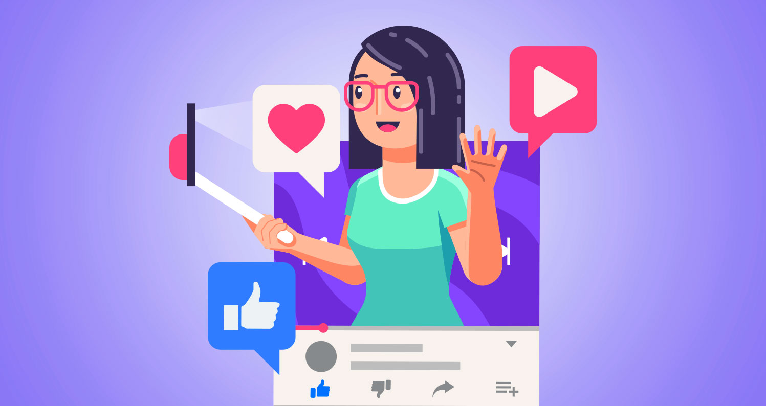 Flat illustration of a female content creator waving while recording a video on a smartphone, surrounded by social media engagement icons.