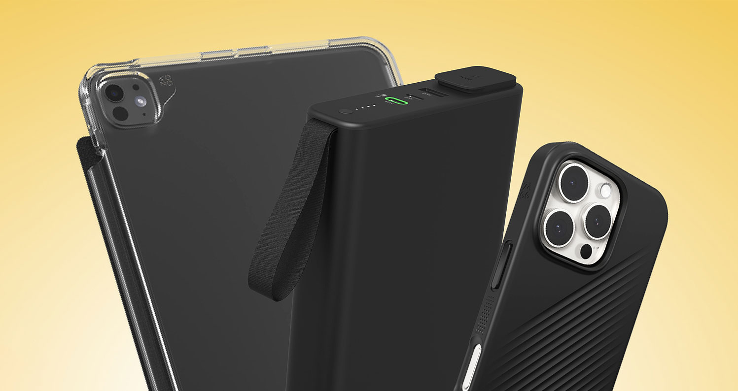 Mobile accessories, including a clear tablet case, a black portable power bank, and a rugged black iPhone case, displayed against a solid yellow background.