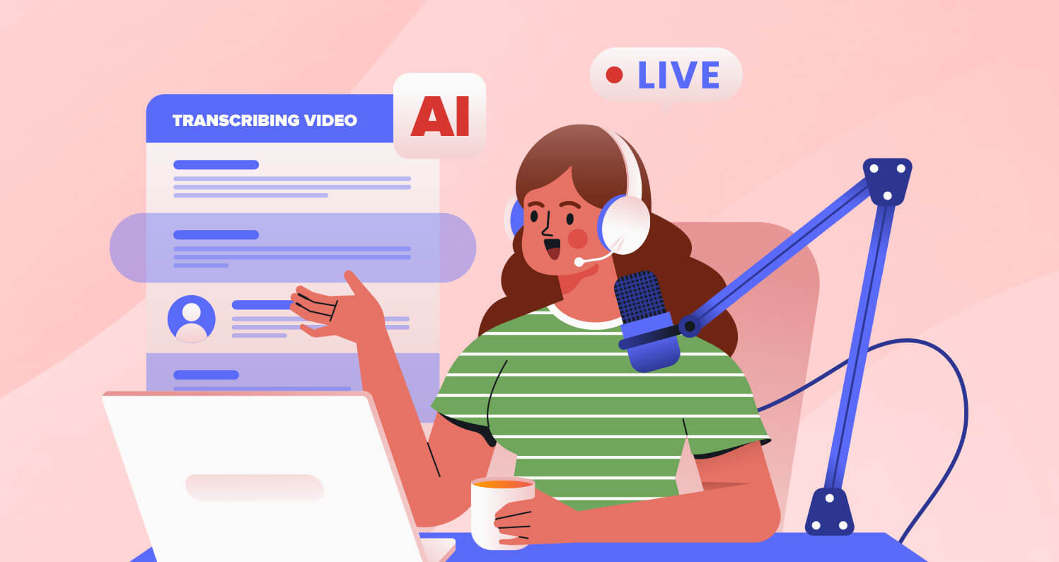 Illustration of a streamer recording live video while an AI system generates text transcriptions for LLM search indexing.