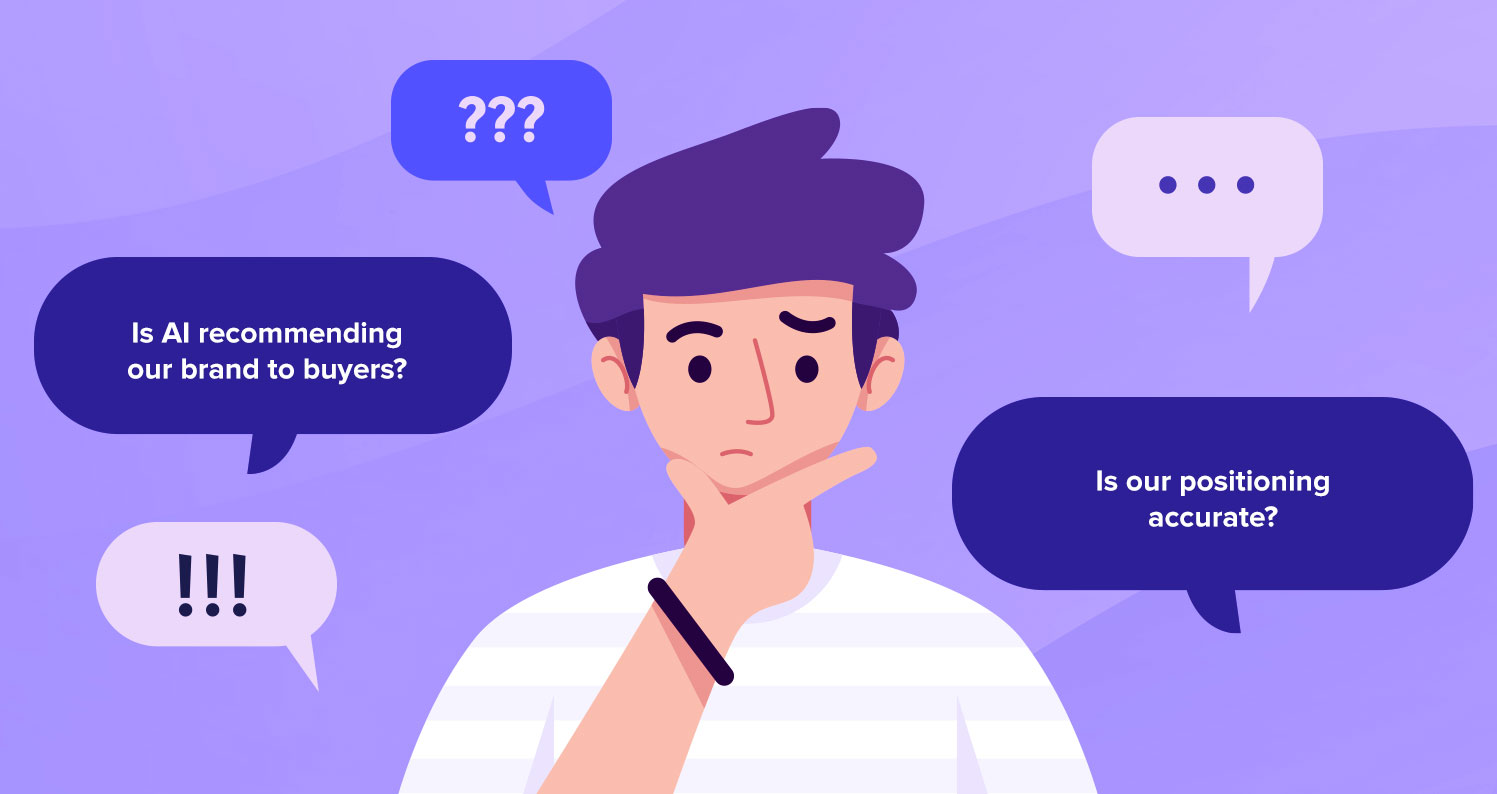 Illustration of a thoughtful marketer surrounded by speech bubbles with questions about ChatGPT and AI Overviews.
