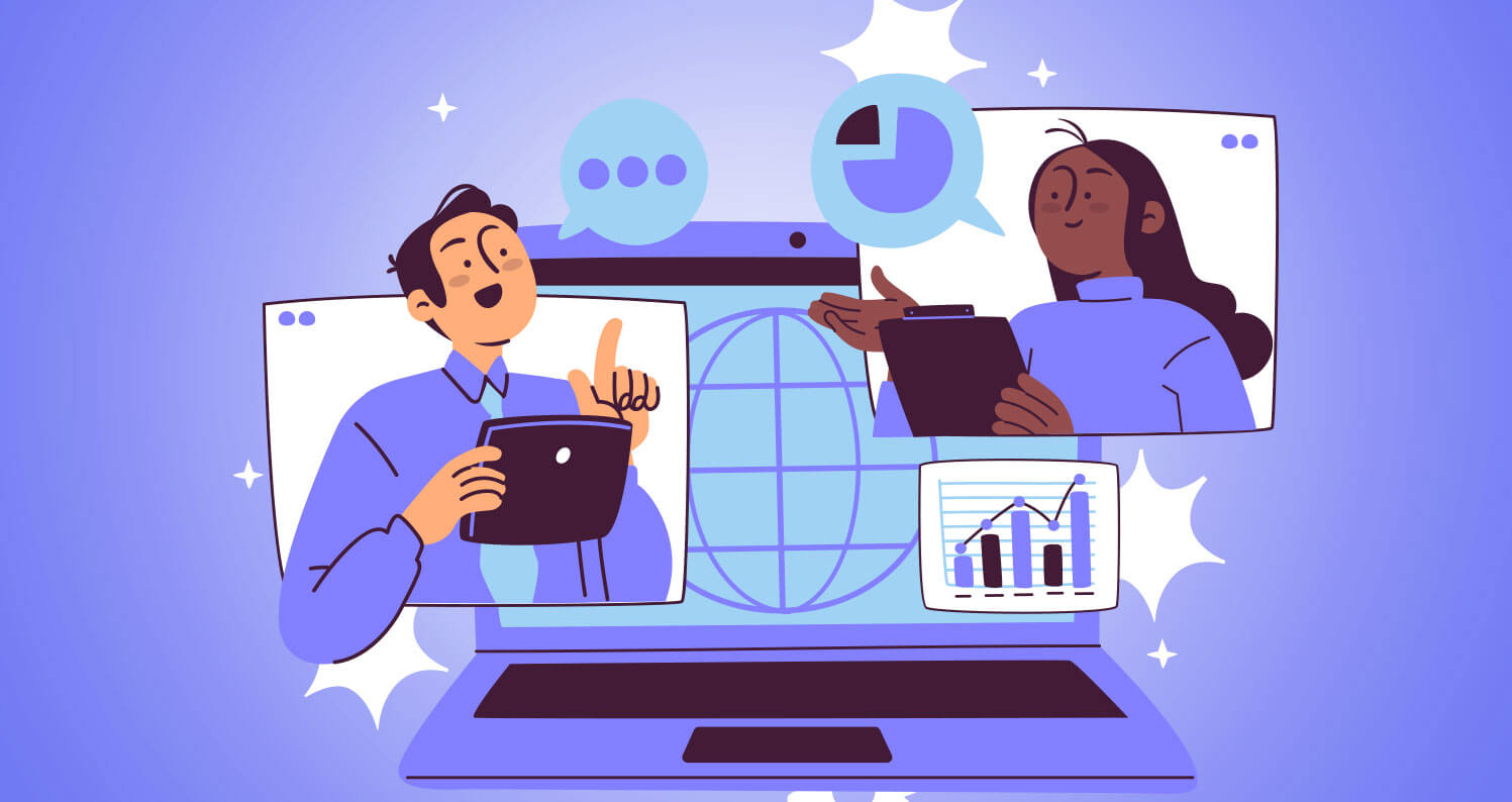 Two marketing professionals collaborating on a laptop screen with data charts and speech bubbles, representing content strategy integration.