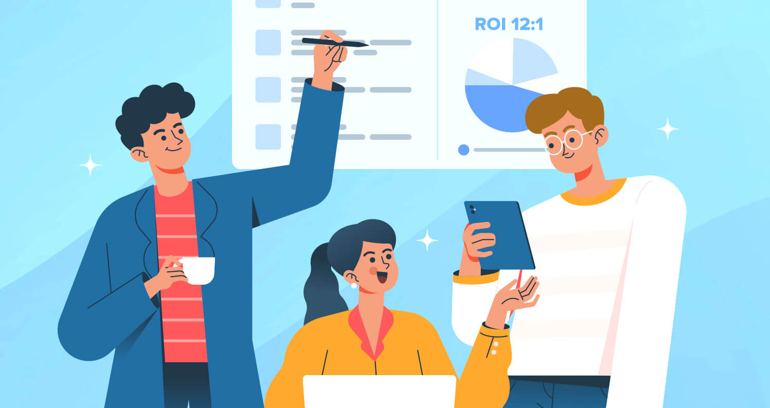 Illustration of a marketing team presenting performance analytics showing a 12 to 1 ROI to business decision makers.