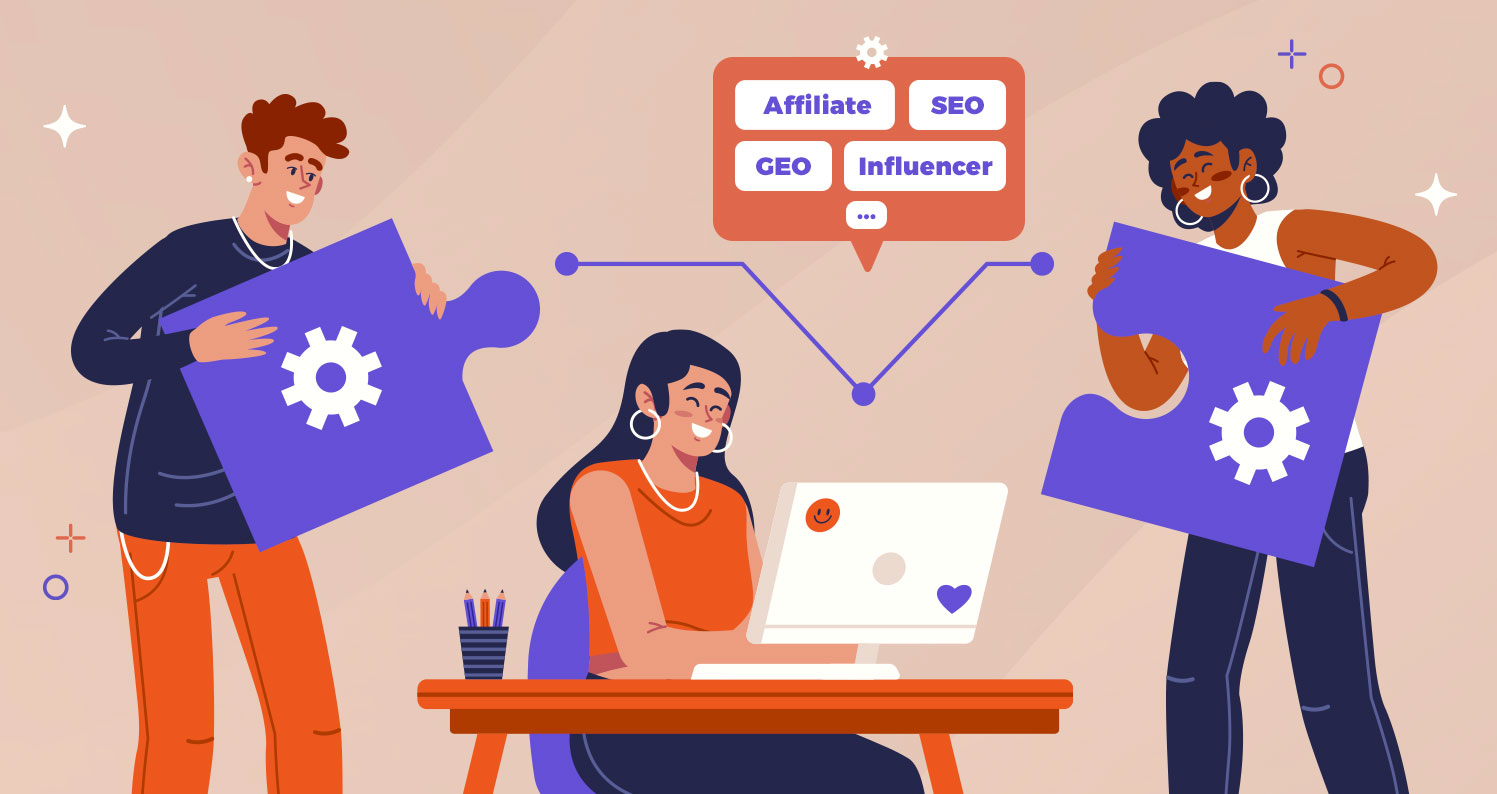Illustration of a digital marketing agency team integrating Affiliate, SEO, GEO, and Influencer marketing puzzle pieces into one connected system.