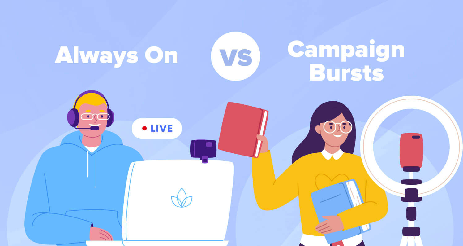 Vector illustration showing a live stream creator representing always-on influencer marketing versus a creator with a ring light representing campaign bursts.