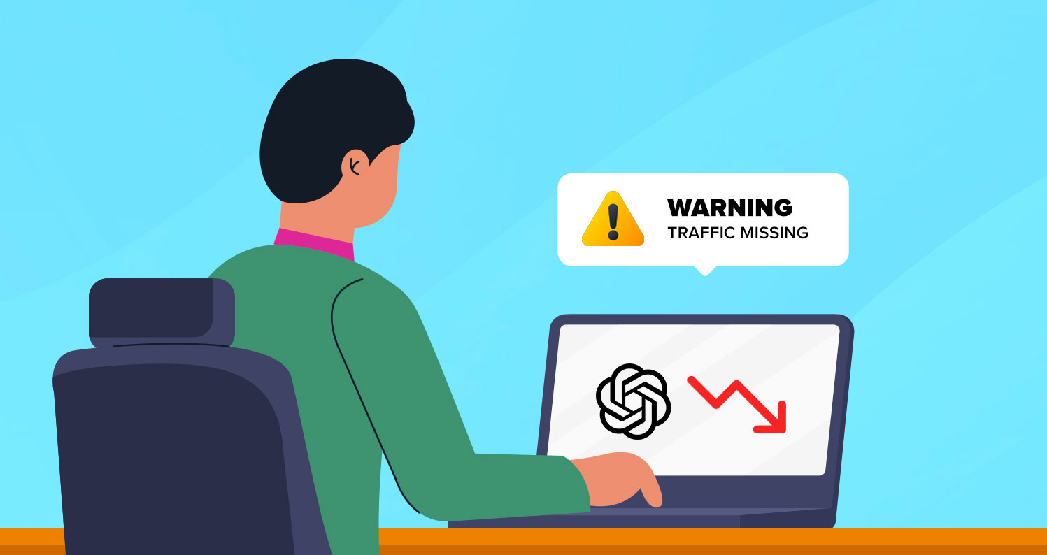 Vector illustration of a marketer viewing a traffic drop warning and ChatGPT logo on a laptop screen.