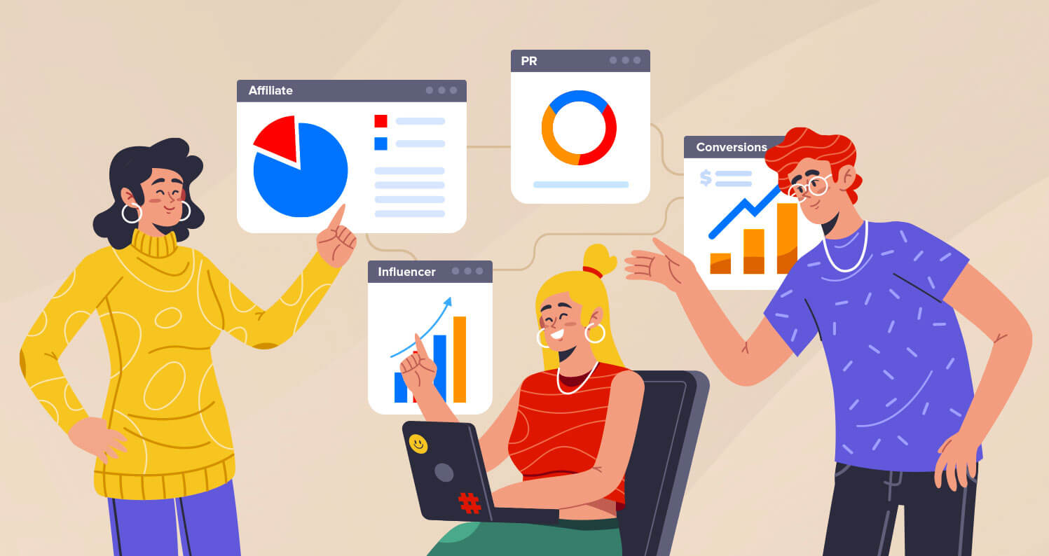 Vector illustration of a marketing team analyzing interconnected panels for Affiliate, Influencer, PR, and Conversions.